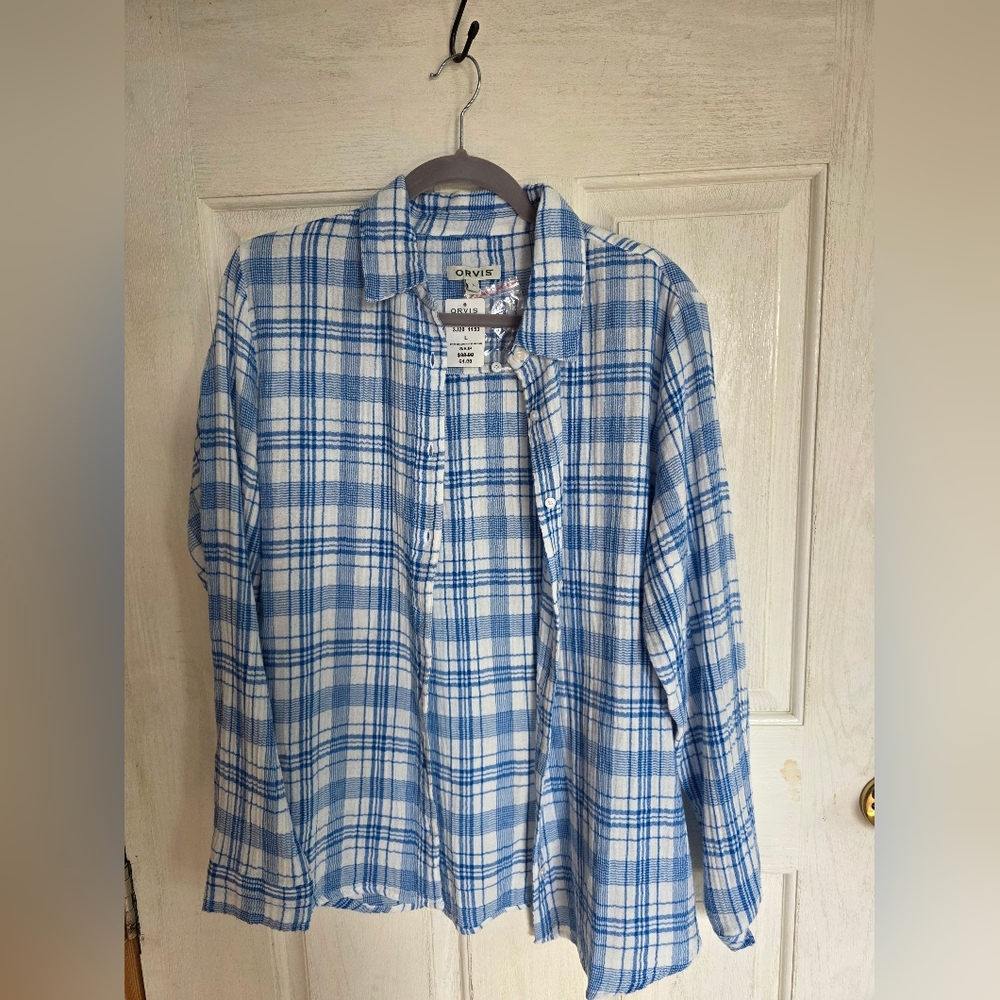 Orvis Blue and White Plaid Button Down Shirt